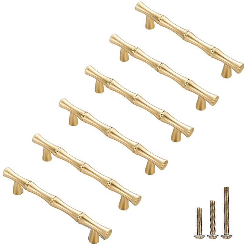 ESreake 6Pcs Bamboo Shape Solid Zinc Alloy Cabinet Knobs Handles  Dresser Drawer Cabinet Cupboard Closet Door Pulls Decorative Furniture Accessories Knobs (Length 4.9""/Hole Distance 3.8""  Golden) - Image 1